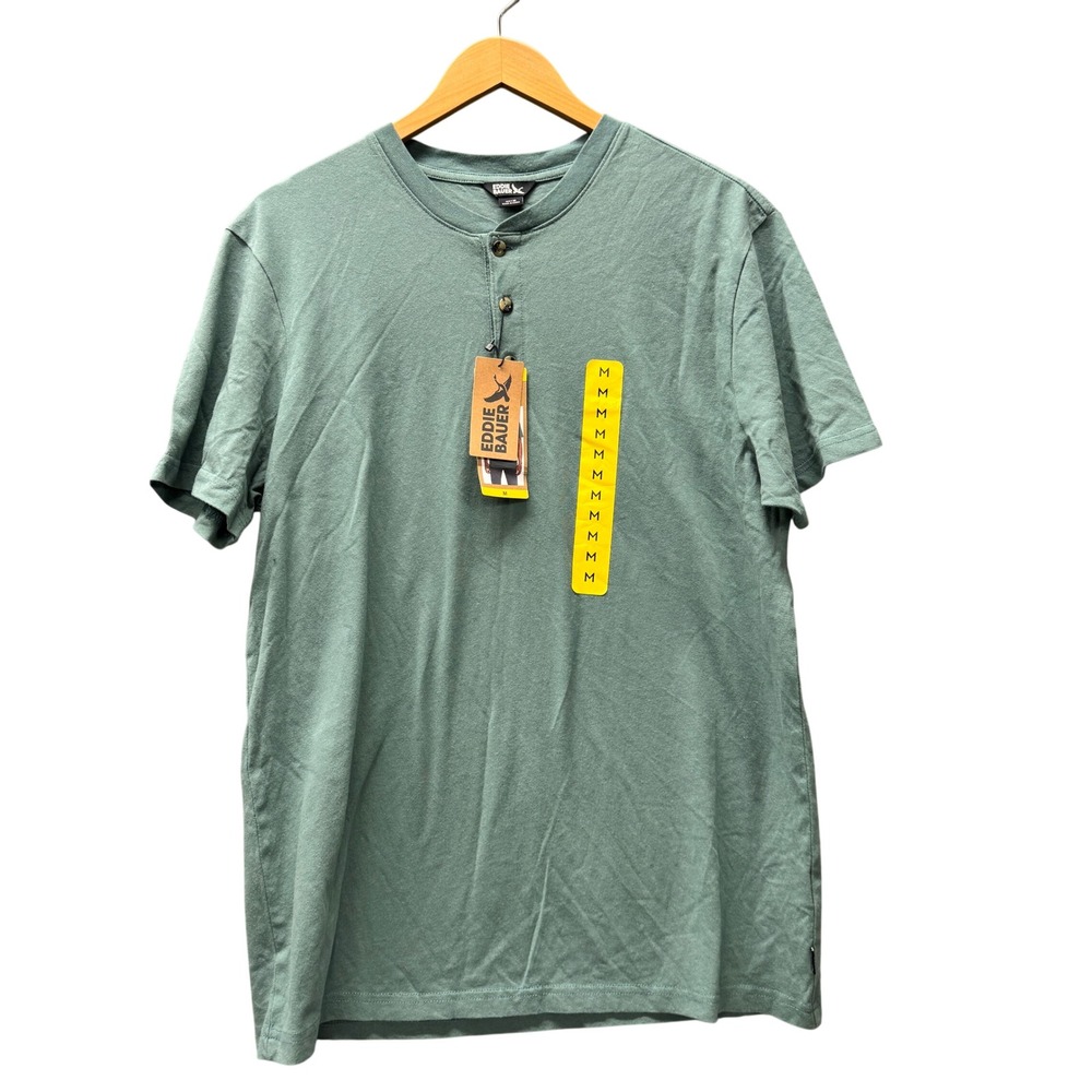 Eddie Bauer T-Shirt Short Sleeve Henley Mens Medium Green Cotton Tee NEW